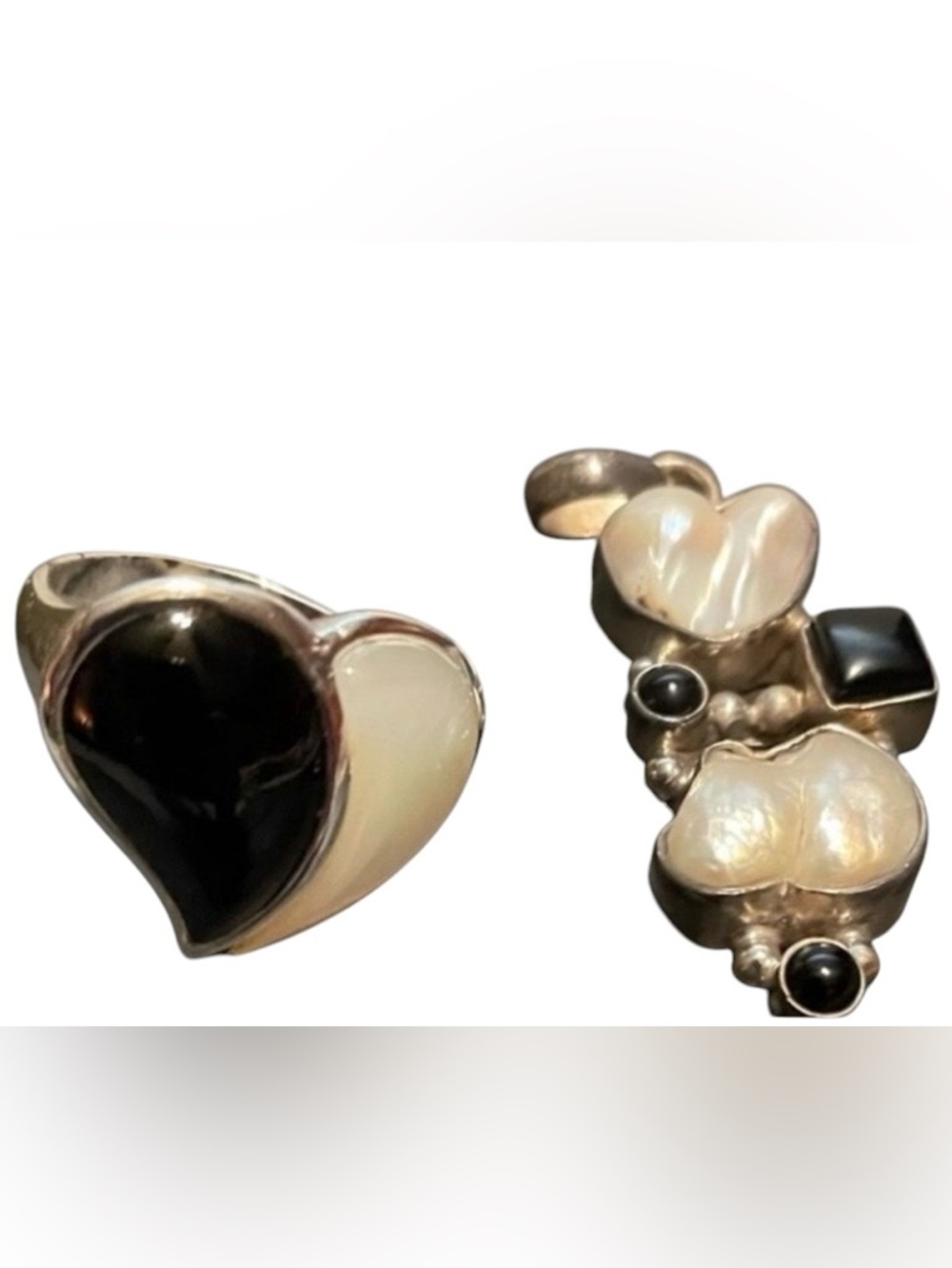 Sterling Silver Hearts Pendant and Ring Set Black Onyx, and Mother of Pearl New